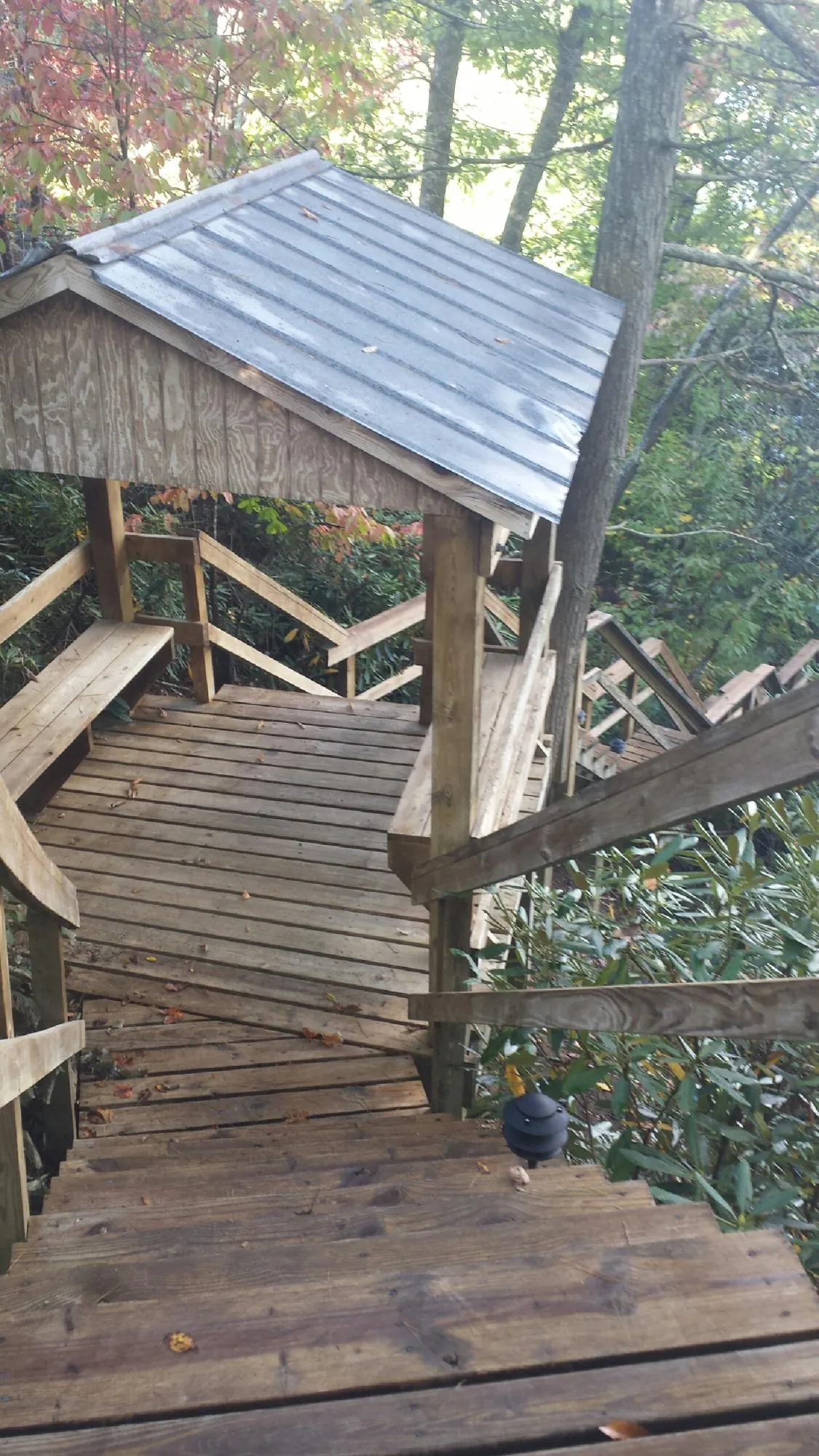 Metal roofed shelter over wooden steps on a wooded walkway — Skylight Repair & Installation work by our crew in Armada